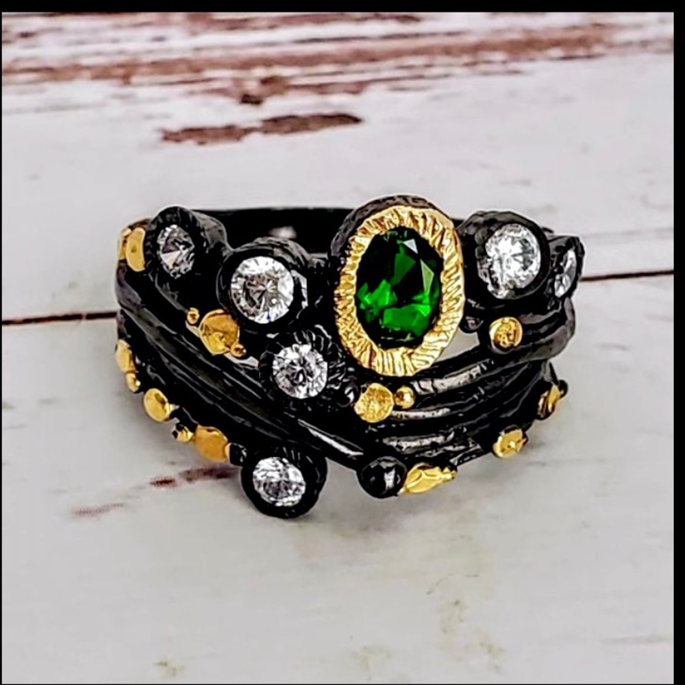 Chrome Diopside & Aquamarine 2-Tone Silver Ring - Picture 3 of 3
